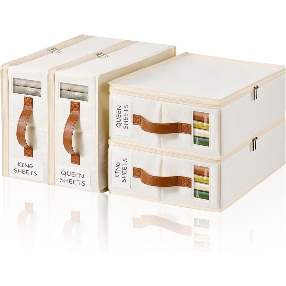 Cream storage bags with brown leather handles and clear label windows organizing king and queen bed sheets