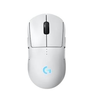 White Logitech G Pro wireless gaming mouse with illuminated blue G logo, ambidextrous design, and precision sensor on clean white background