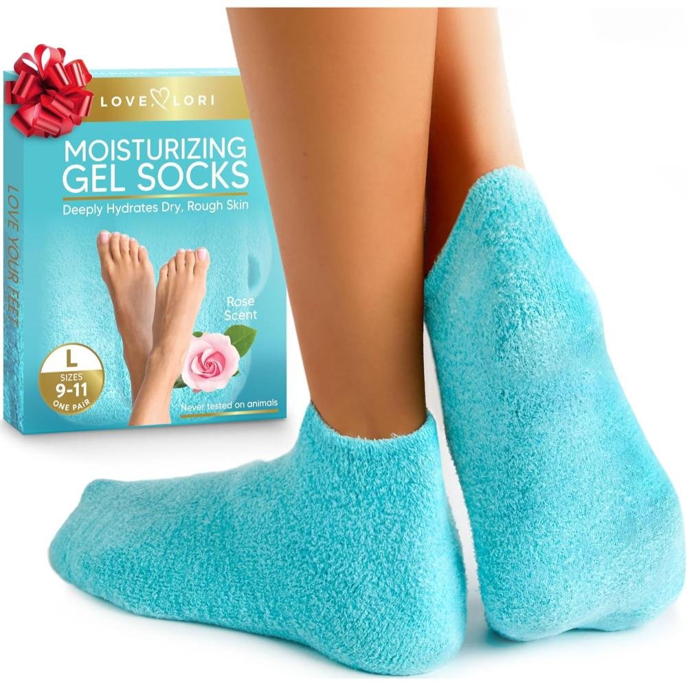 Love Lori Moisturizing Gel Socks teal blue pair size large 9-11 for dry cracked heels with rose scent reusable lotion socks cracked heel repair