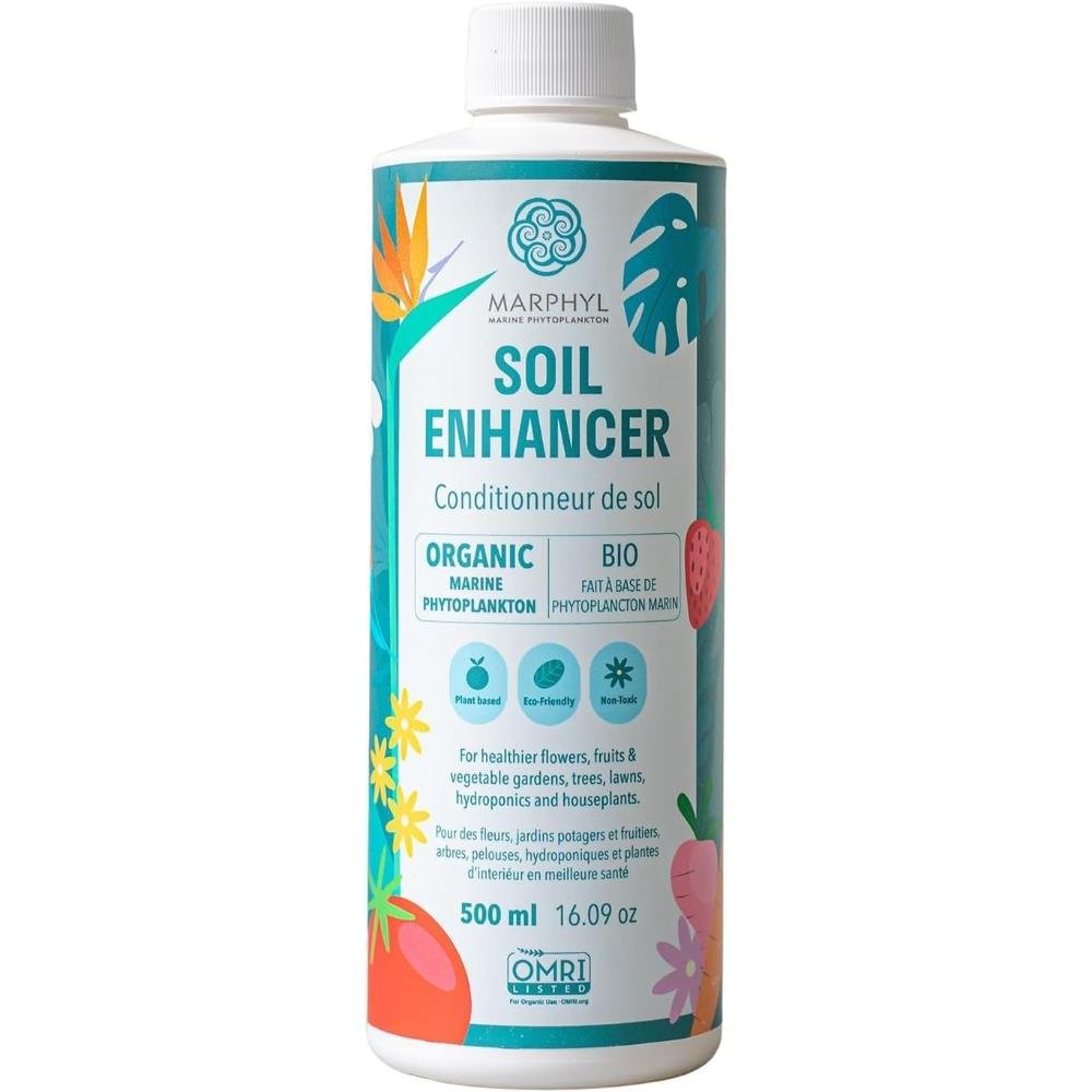 Marphyl organic soil enhancer bottle with marine phytoplankton formula, 500ml eco-friendly liquid fertilizer for gardens, houseplants, vegetables, and hydroponics