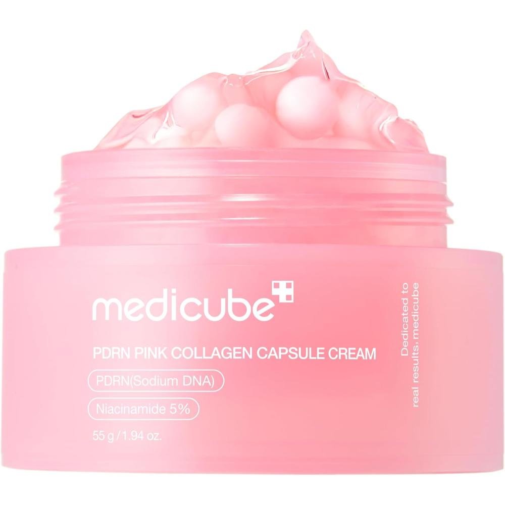 Medicube PDRN Pink Collagen Capsule Cream open pink jar showing collagen capsule beads in cream moisturizer