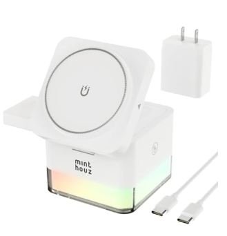 White Minthouz 3-in-1 foldable wireless charging station with MagSafe pad, Apple Watch charger, ambient RGB lighting base, USB-C cable and wall adapter