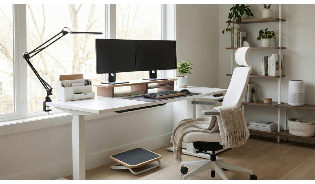 Modern minimalist home office with white sit-stand desk, dual monitors on wooden riser, ergonomic white office chair with beige throw blanket, black articulating desk lamp, footrest, floating shelves with plants, and large window with natural light