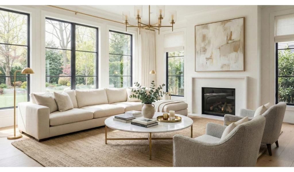 Modern neutral living room with beige sectional sofa, gold brass chandelier, white marble coffee table, fireplace, and large black-framed windows