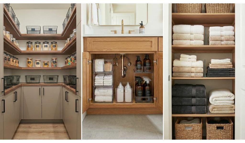 Three-panel collage showing organized pantry with labeled jars, bathroom cabinet with toiletries, and linen closet with folded towels and wicker baskets