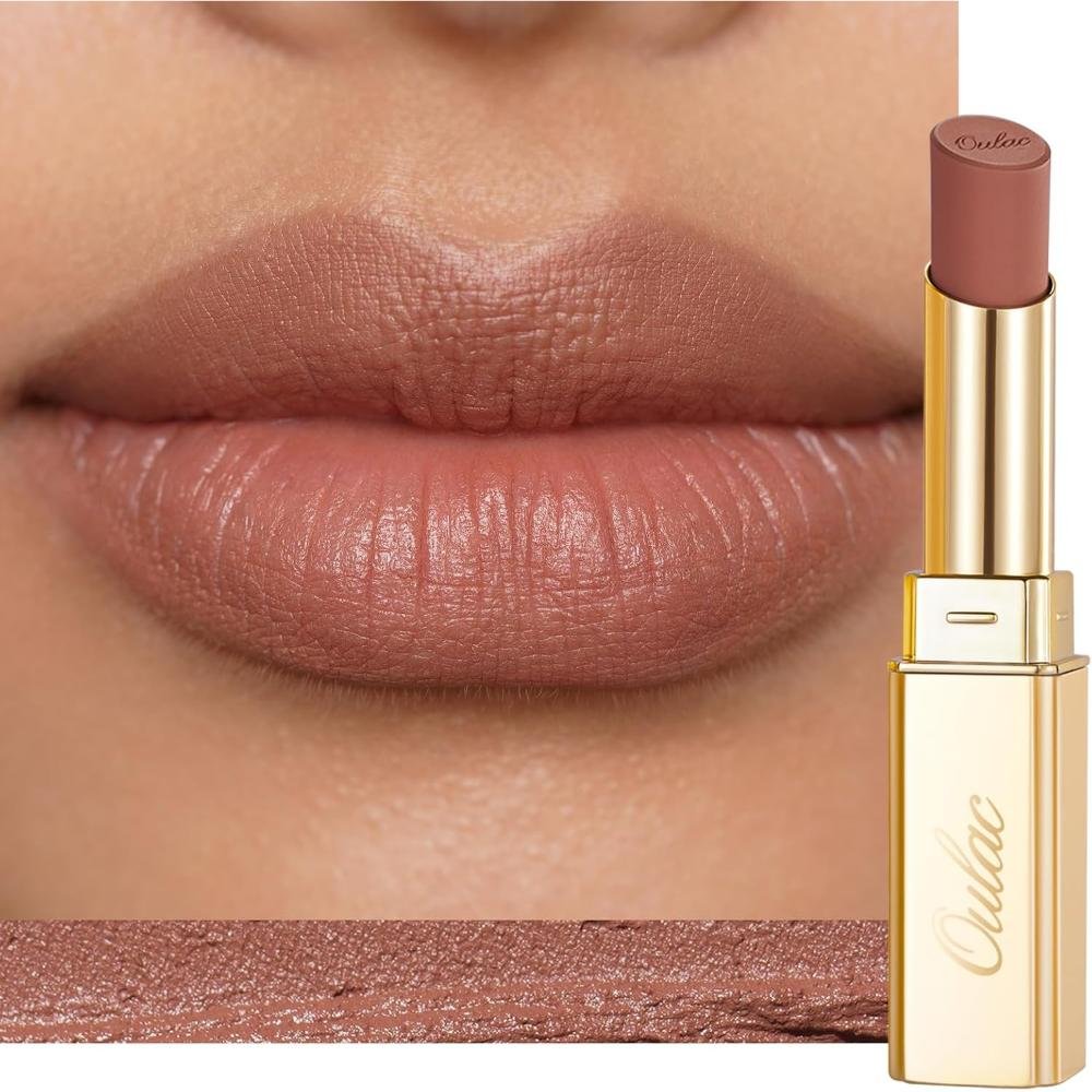 Oulac Pink Nude Matte Lipstick gold tube with lip swatch showing silky velvet matte finish vegan cruelty free with vitamin E