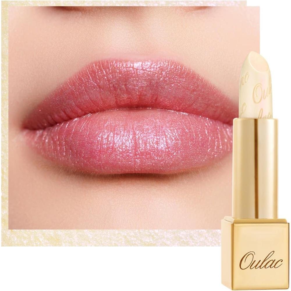 Oulac Sheer White Crystal Veil Shimmer Lipstick gold tube with glassy pink shimmer lip swatch moisturizing creamy formula vegan
