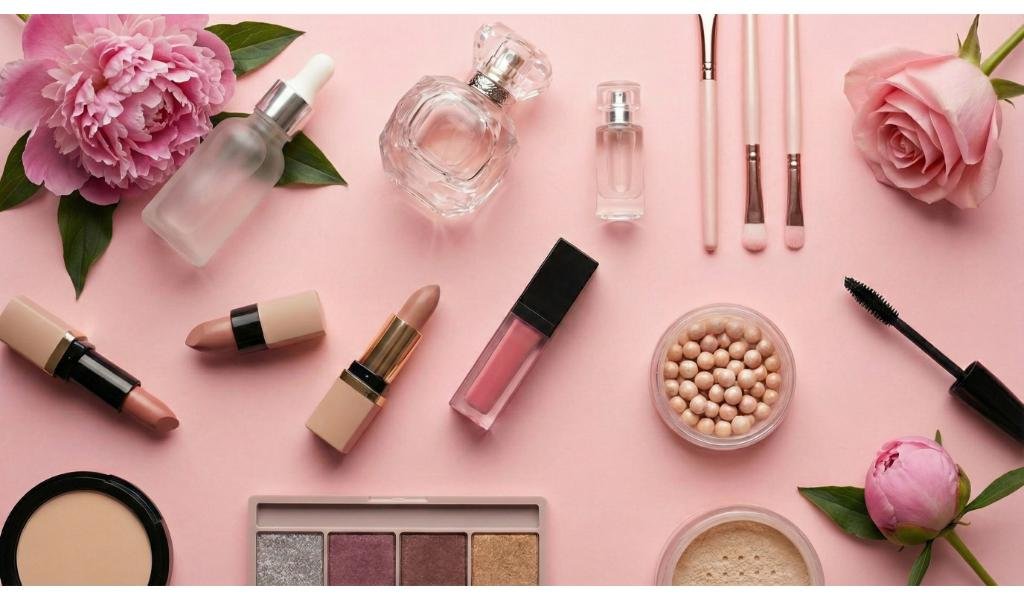 Beauty and skincare flatlay on pink background with makeup products including eyeshadow palette, lipsticks, perfume bottles, makeup brushes, face powder, mascara, and pink peonies and roses