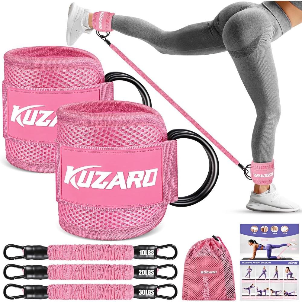 Pink Kuzaru booty resistance bands with three resistance levels (10, 20, 30 lbs), ankle cuffs with D-rings, mesh carrying bag, and workout guide