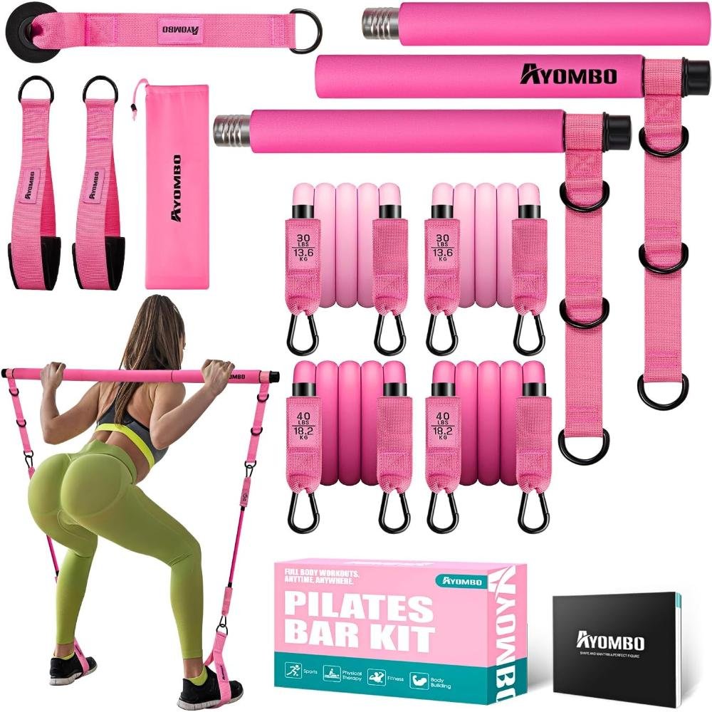 Pink Ayombo Pilates bar kit with adjustable resistance bands in multiple weights, ankle straps, door anchor, carrying bag, and full-body workout accessories