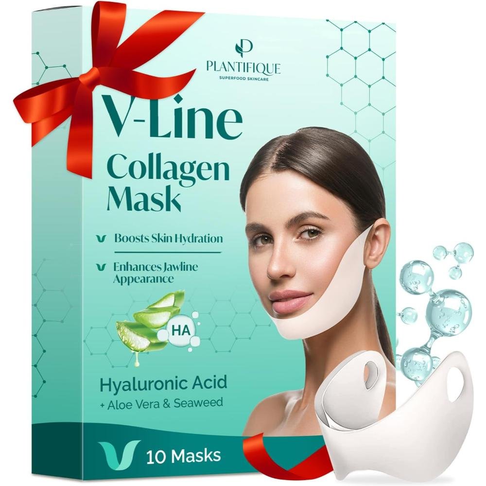 Plantifique V-Line Collagen Mask box with chin strap mask showing jawline lifting and double chin reduction with hyaluronic acid
