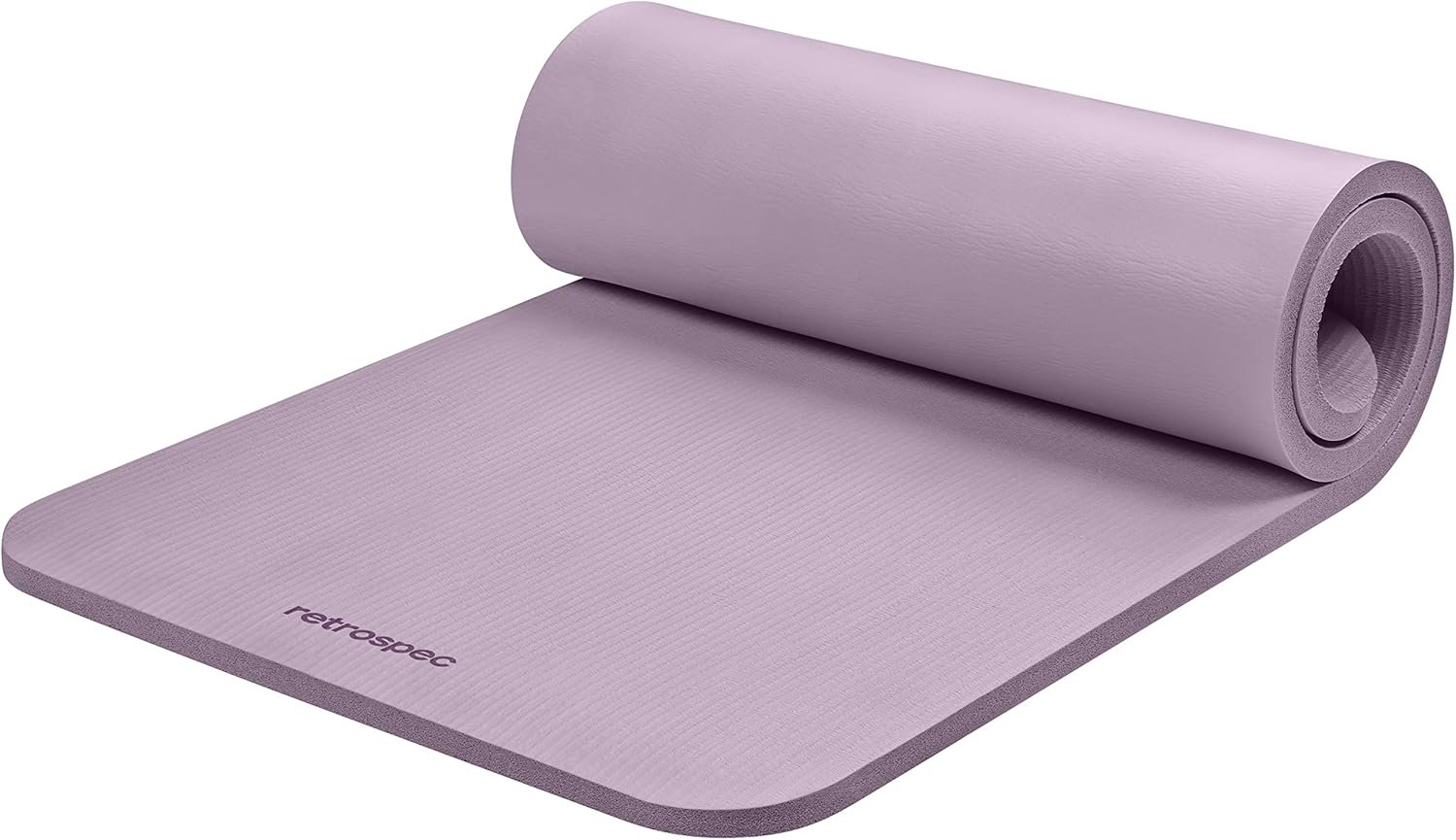 Purple Retrospec extra thick 15mm yoga mat partially rolled showing cushioned foam texture and non-slip surface