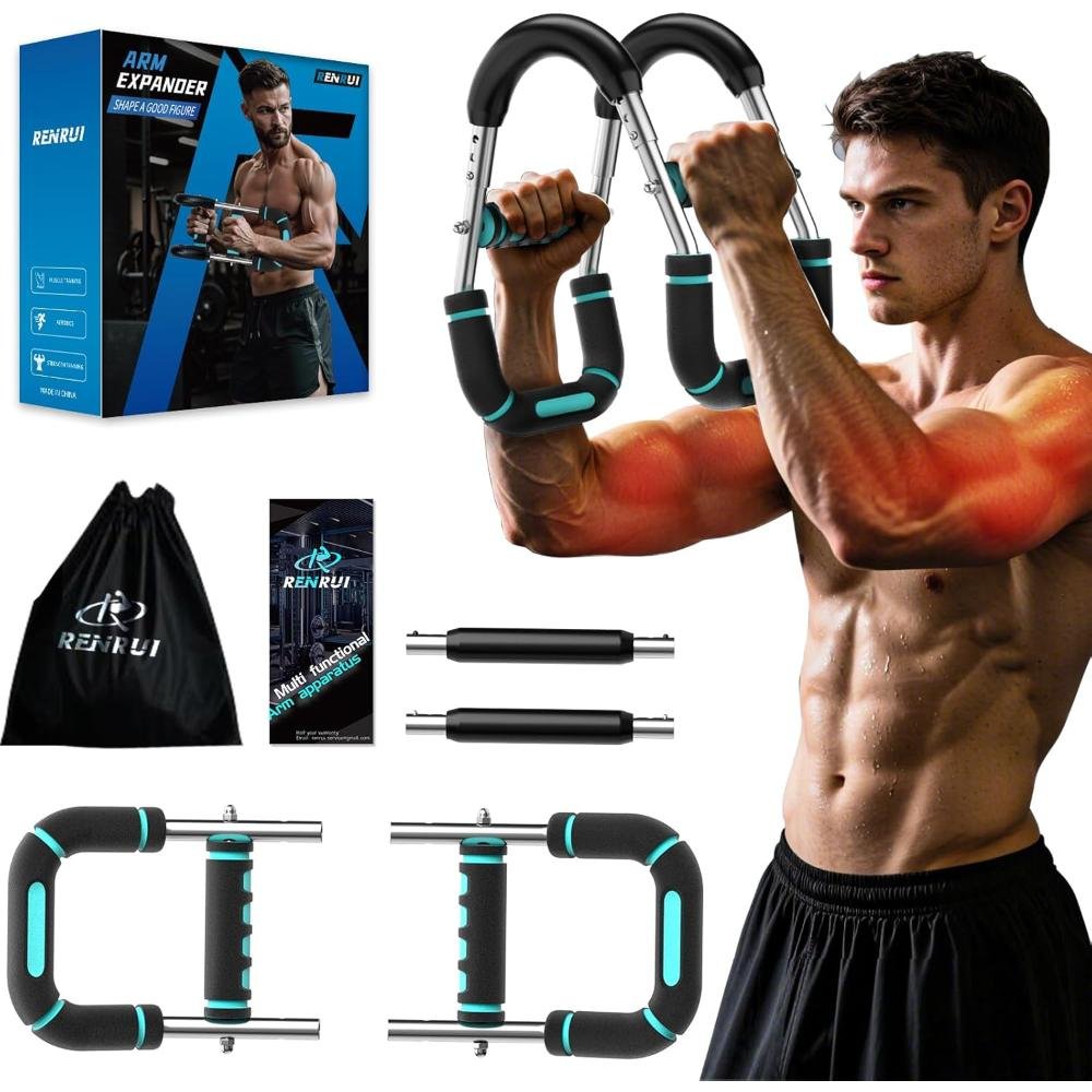 Black and teal push-up bars with S-shaped ergonomic design, foam grip handles, chrome steel construction, carrying bag, and muscular man demonstrating use