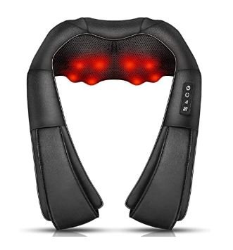 Black electric neck and shoulder massager with red heating elements and rotating massage nodes, featuring ergonomic U-shape design and control buttons