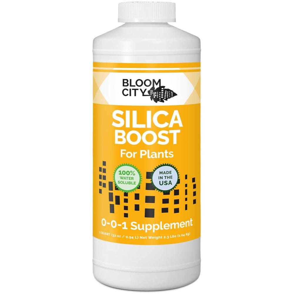 Bloom City Silica Boost plant supplement in white and yellow bottle, 32 oz water-soluble formula made in USA