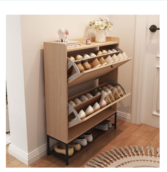Slim light wood shoe cabinet with two open flip-down drawers showing neatly arranged shoes, standing in a hallway.