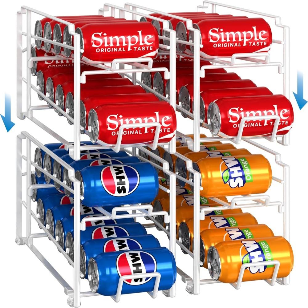 White metal soda can dispenser rack holding multiple rows of canned beverages in organized tiers