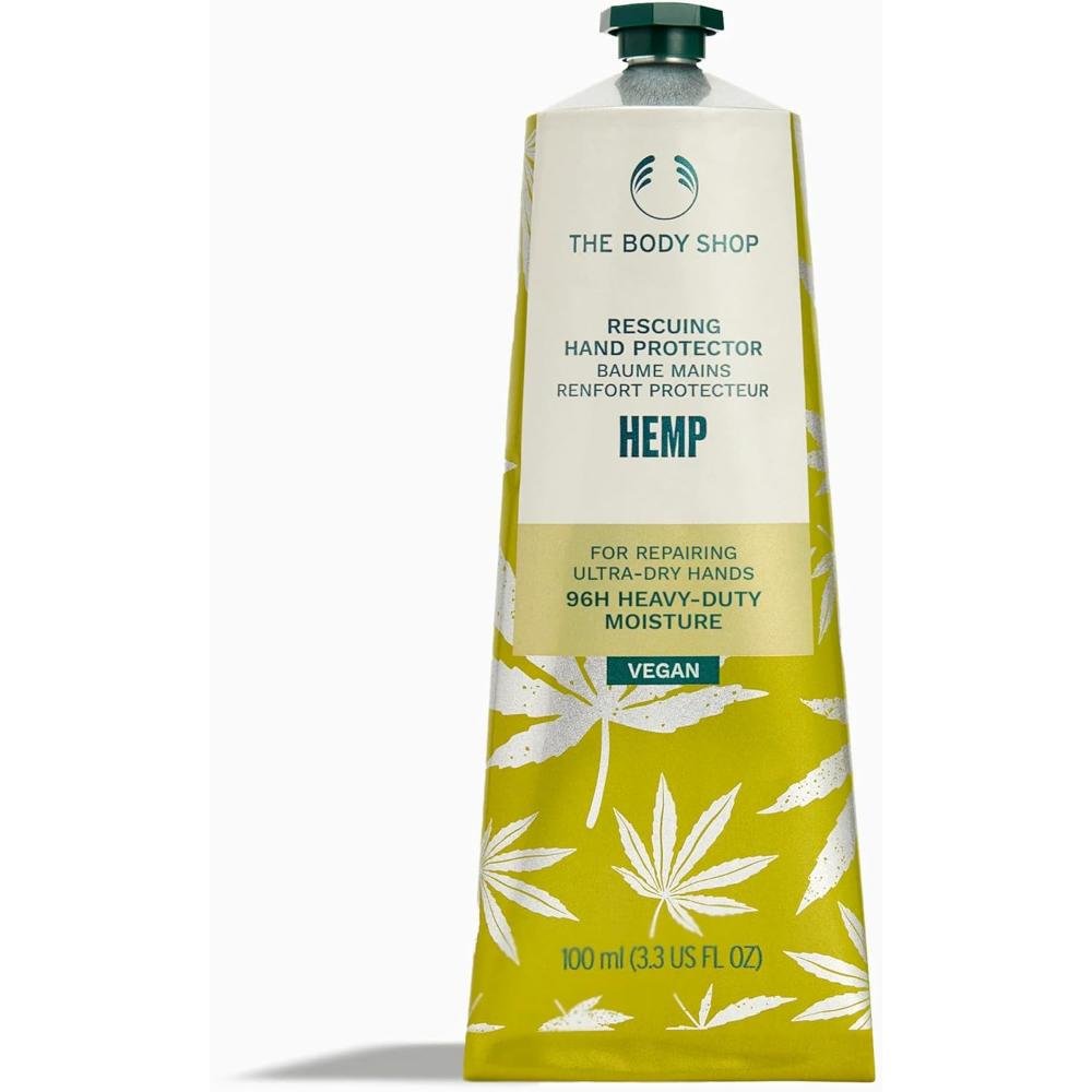 The Body Shop Hemp Rescuing Hand Protector 100ml yellow tube with hemp leaf design 96 hour heavy duty moisture for ultra dry hands vegan