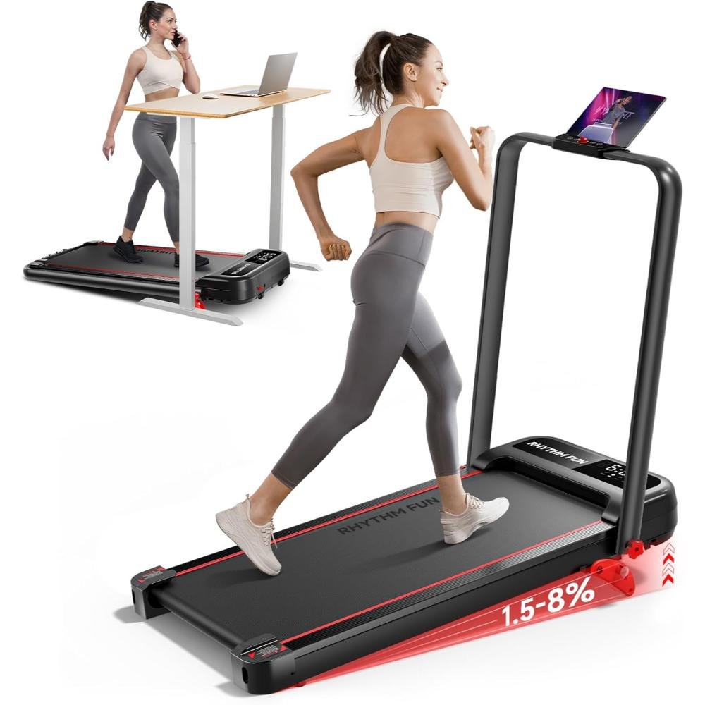 Compact under-desk treadmill with black walking belt, LED display, remote control, and woman walking while working at standing desk