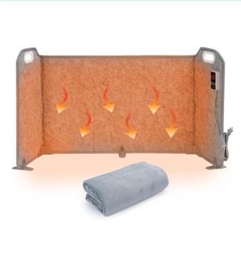 Portable electric under desk foot warmer with heating panel, thermal blanket, and temperature control for warming legs and feet in cold office spaces