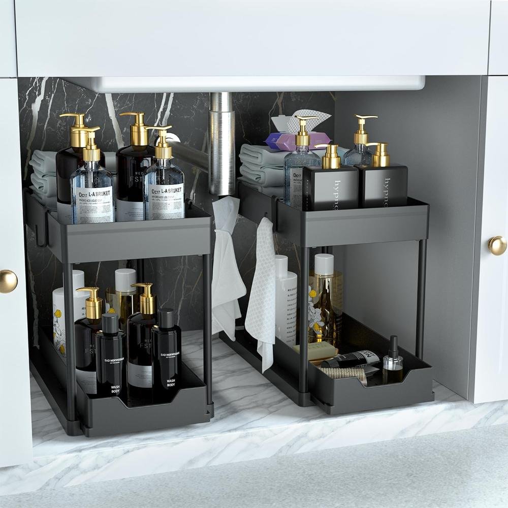 Gray adjustable under-sink organizer with multiple shelves holding bathroom products and toiletries around plumbing