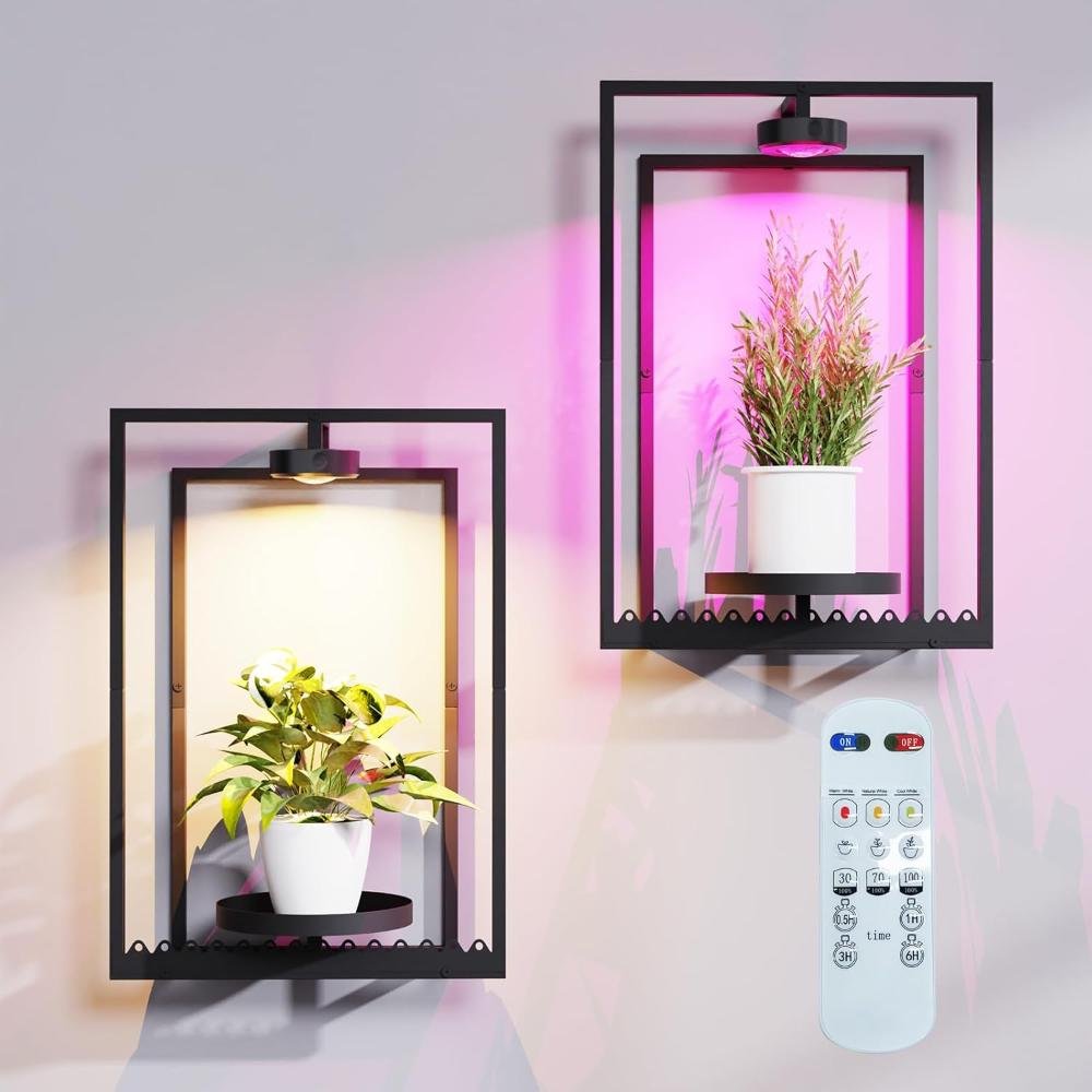 Two black metal frame wall shelves with built-in LED grow lights displaying potted plants in warm and pink spectrum lighting with remote control