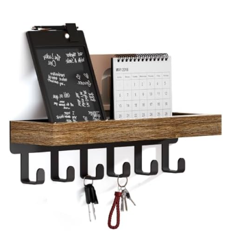 Rustic wooden wall-mounted key holder with 6 black metal hooks and storage shelf displaying calendar, phone, and keys for entryway organization