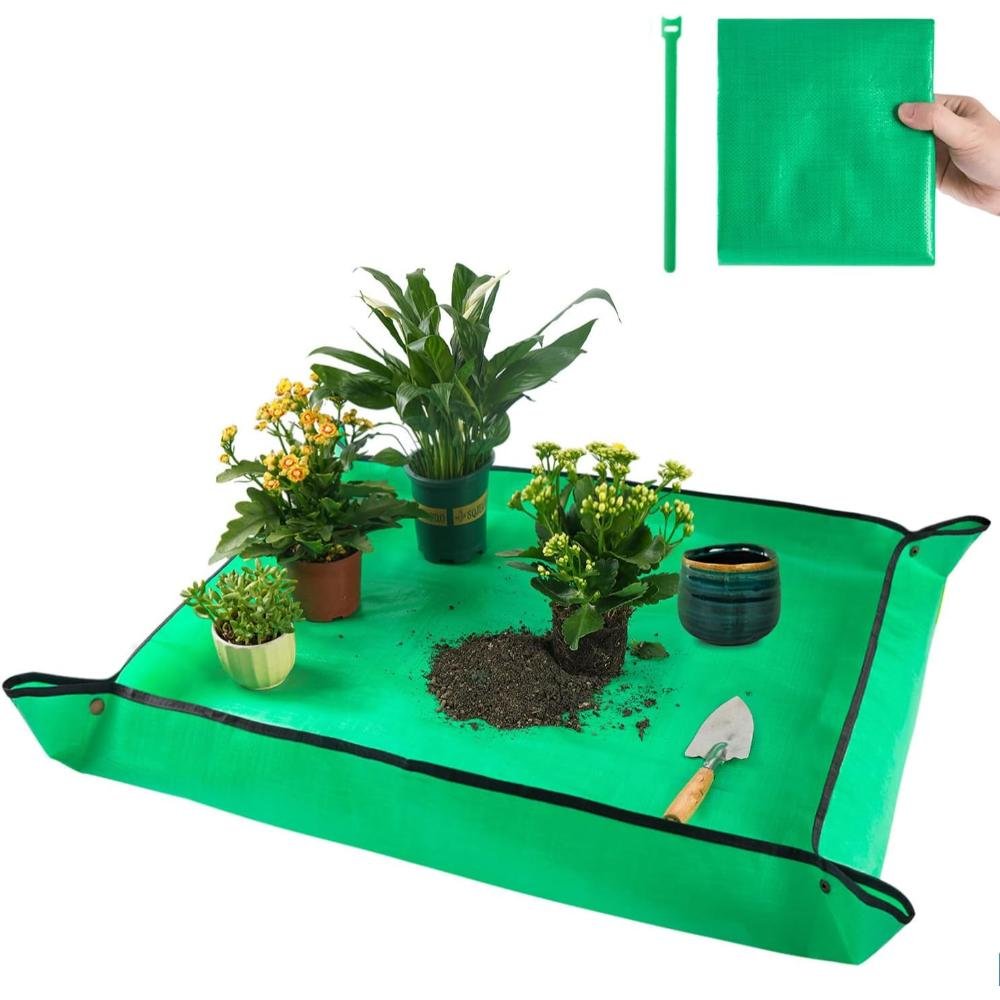 Large green waterproof potting mat with raised edges containing houseplants, soil, and gardening tools, folds for storage with corner handles
