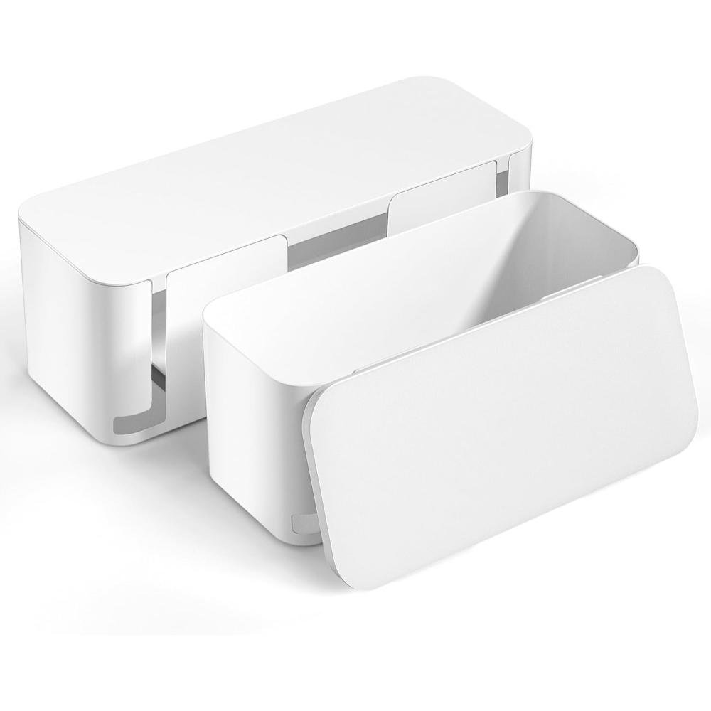 White cable management box with removable lid hiding power strips and charging cables