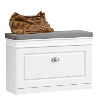 White wooden storage bench featuring a grey upholstered seat cushion and a large front drawer, topped with a woven tote bag