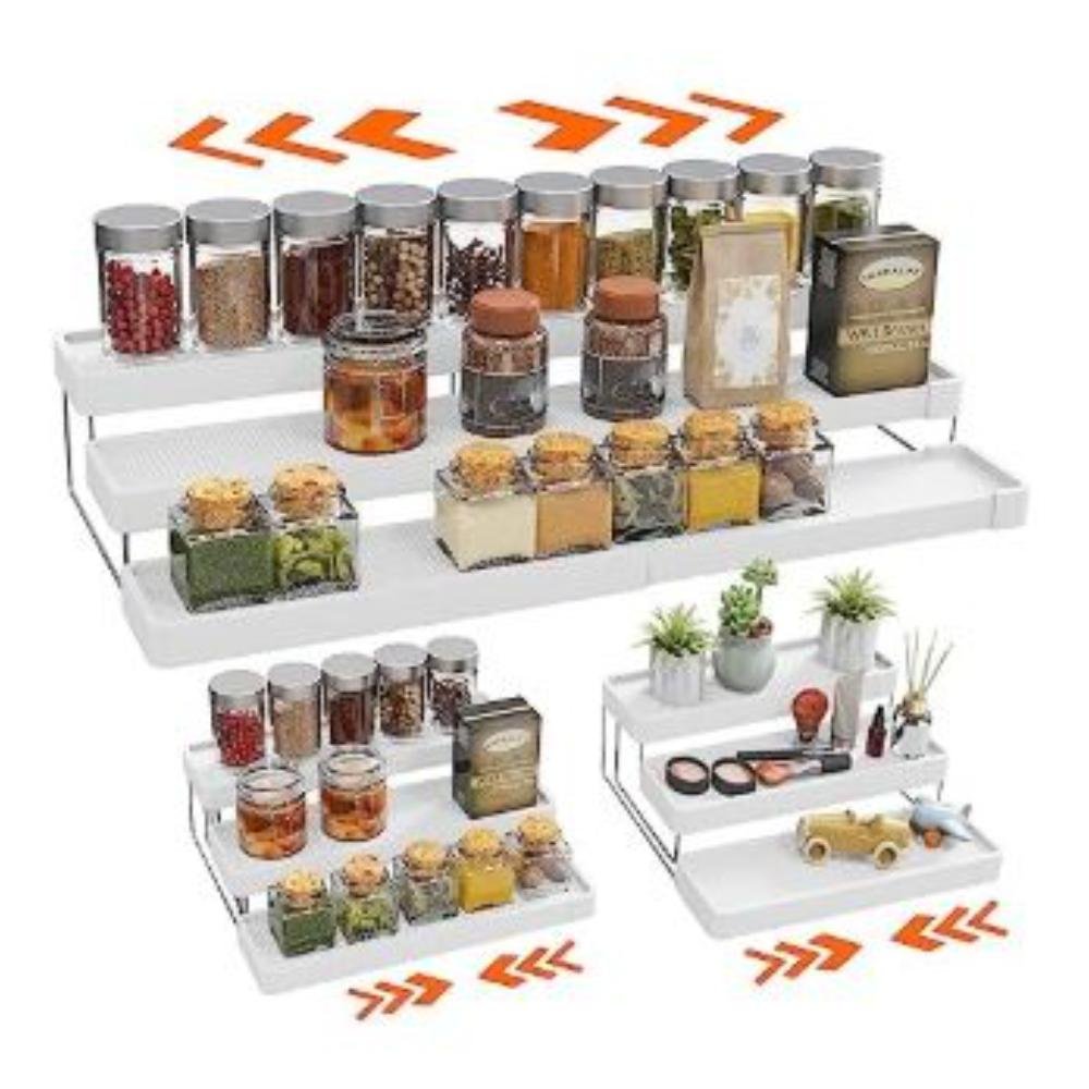 White 3-tier expandable spice rack shelf organizer holding multiple spice jars and containers