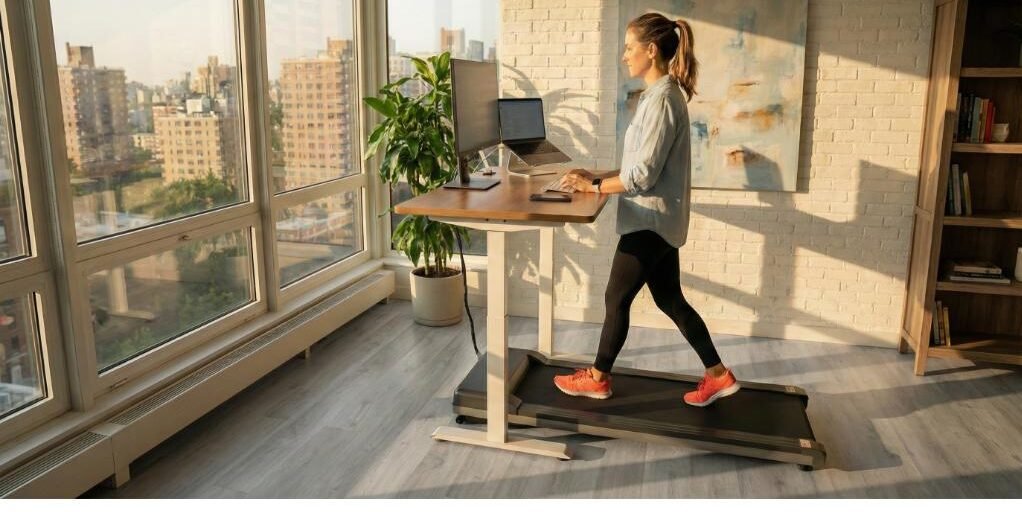 Woman in white shirt and black leggings walking on under-desk treadmill at standing desk in modern loft with floor-to-ceiling windows, city skyline views, white brick wall, and wooden floors