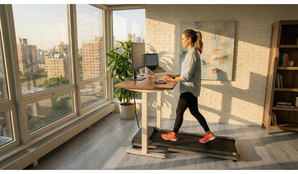 Woman in white shirt and black leggings walking on under-desk treadmill at standing desk in modern loft with floor-to-ceiling windows, city skyline views, white brick wall, and wooden floors