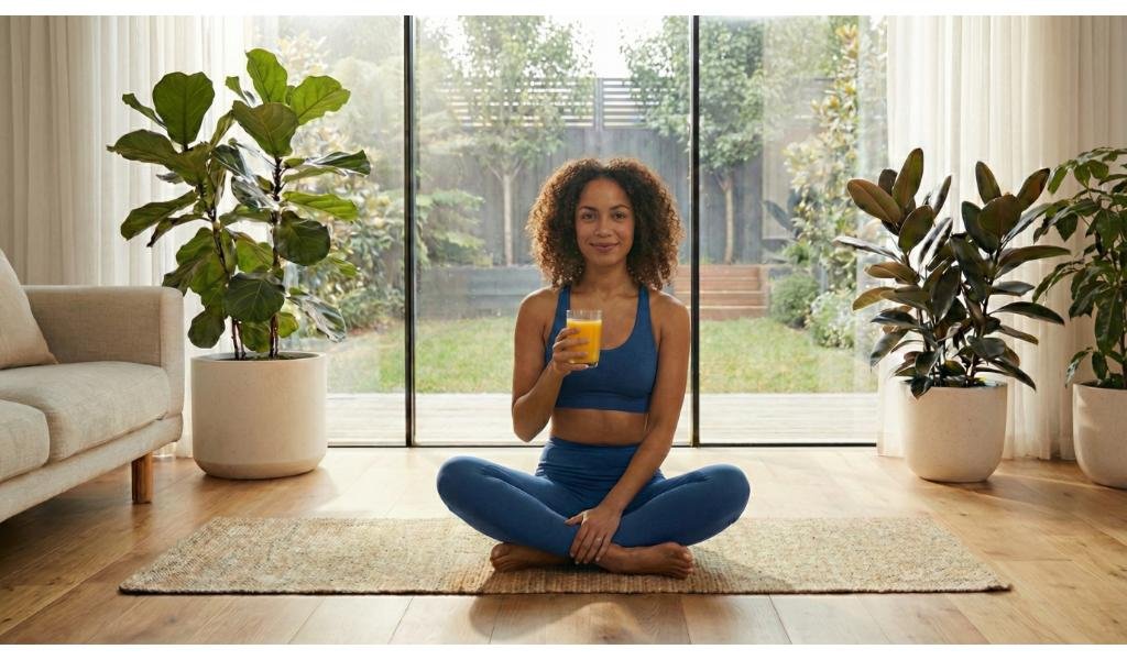 Woman in blue workout attire sitting cross-legged on yoga mat holding orange juice in bright modern living room with large windows and fiddle leaf fig plants