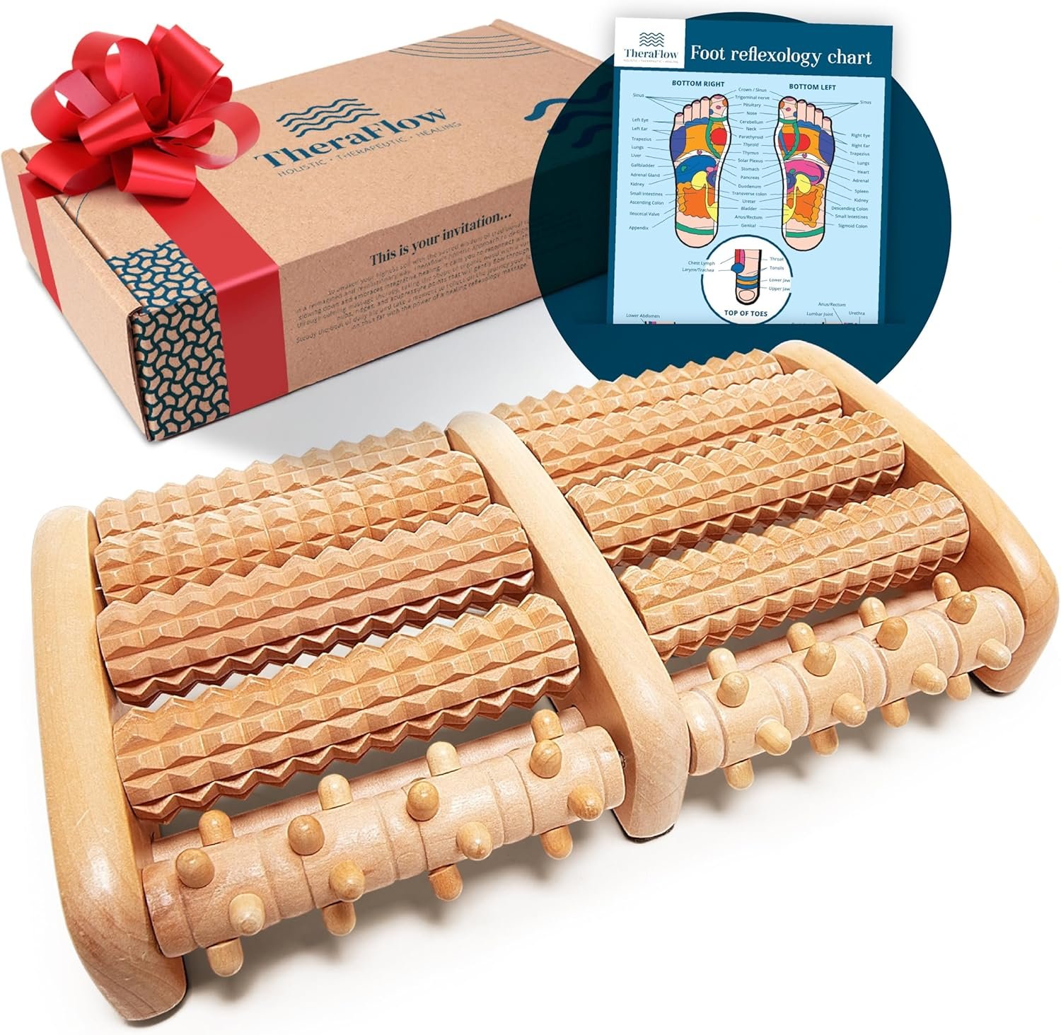 TheraFlow wooden dual foot roller massager with textured rollers, gift box with red bow, and reflexology chart showing foot pressure points