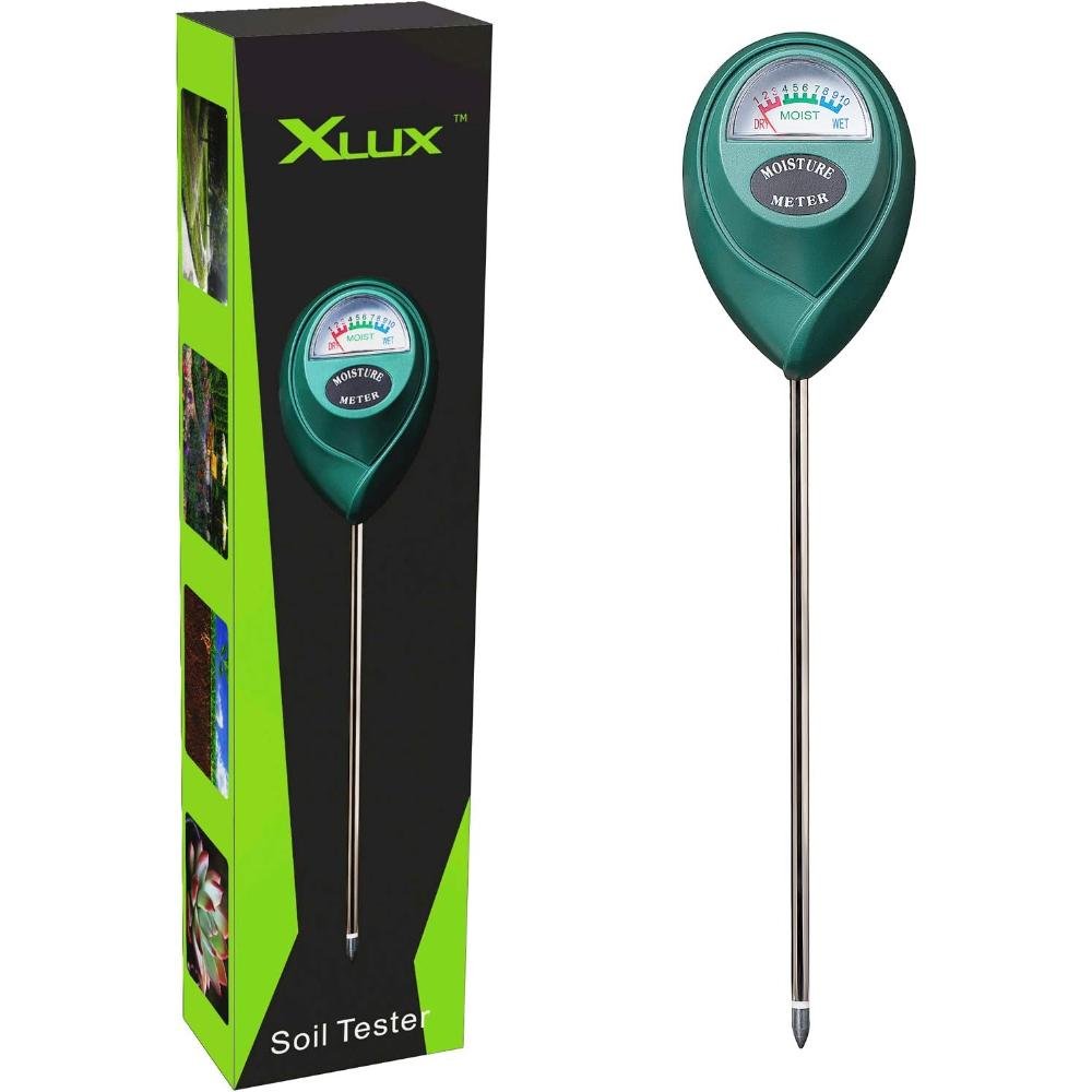 Teal green analog soil moisture meter with dial gauge showing dry to wet readings and metal probe with retail packaging